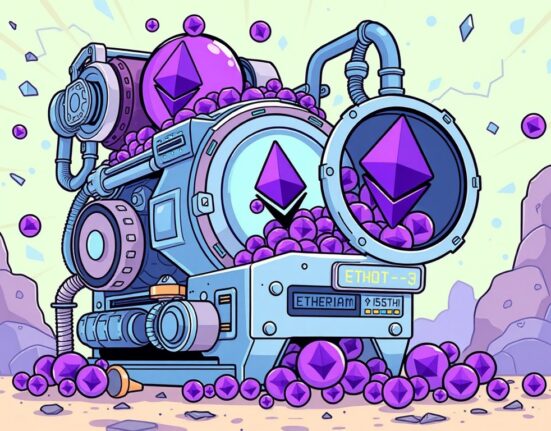 A cartoon illustration depicting a futuristic machine accumulating Ethereum (ETH) tokens, symbolizing strategic ETH accumulation.