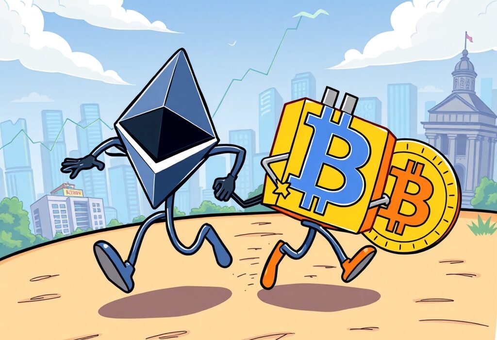 A cartoon illustration showing Ethereum leading Bitcoin in a race, symbolizing Ethereum's potential as a long-term value asset.