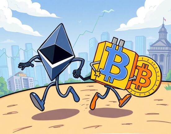 A cartoon illustration showing Ethereum leading Bitcoin in a race, symbolizing Ethereum's potential as a long-term value asset.