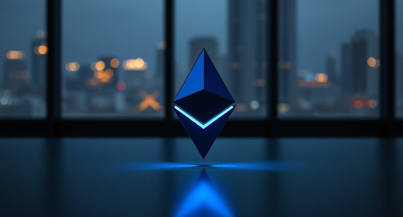 Glowing Ethereum symbol on a dark surface in a modern office with city lights in the background.