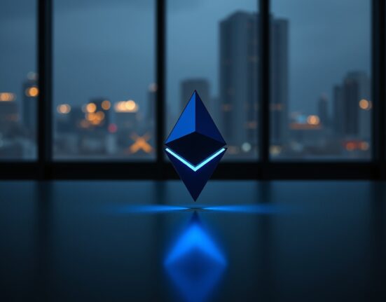 Glowing Ethereum symbol on a dark surface in a modern office with city lights in the background.