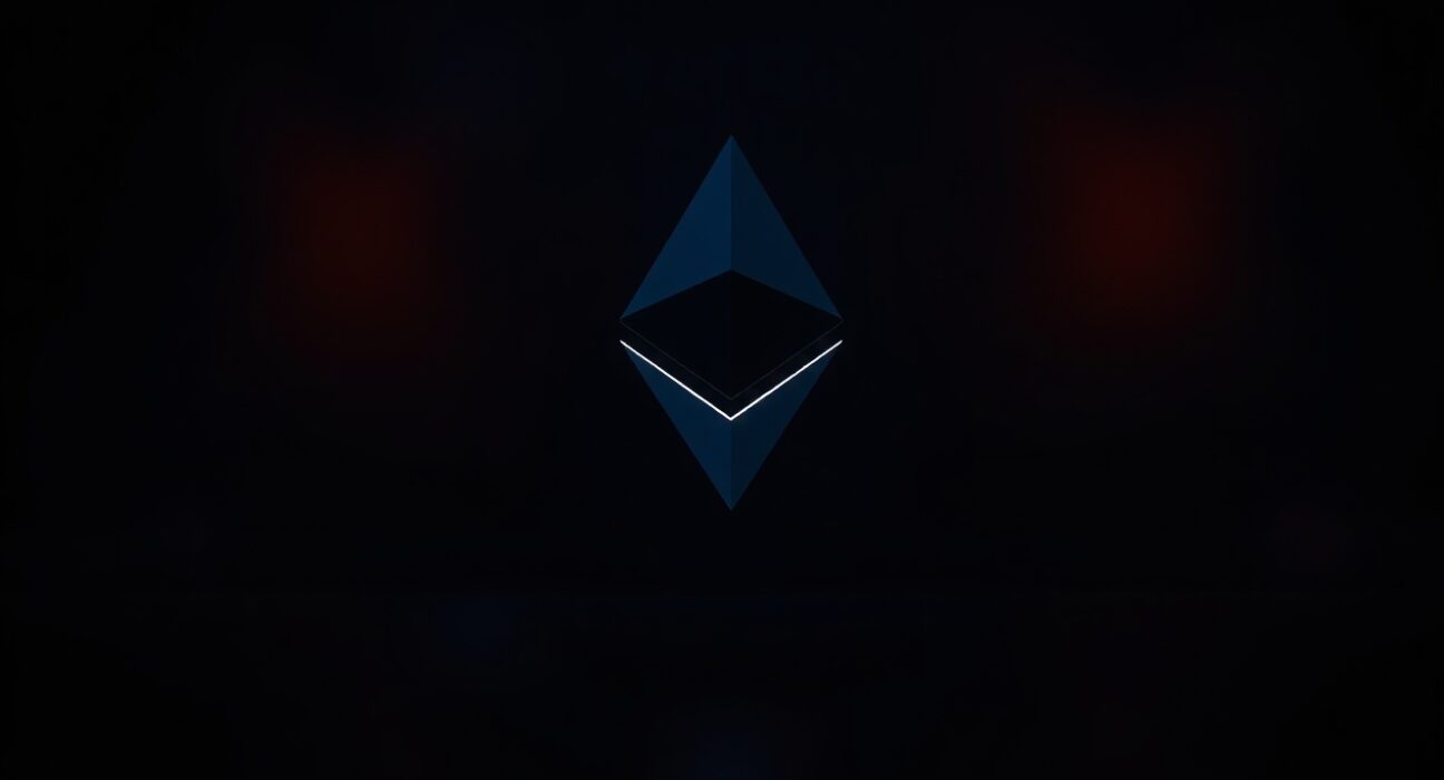 Ethereum logo with a dark, bearish moody background symbolizing potential price decline