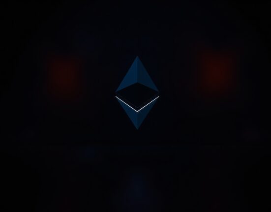 Ethereum logo with a dark, bearish moody background symbolizing potential price decline
