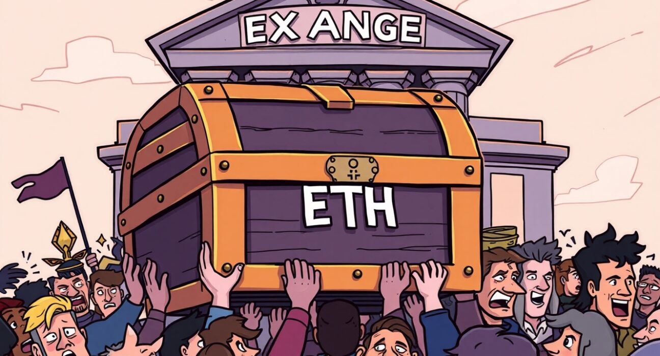 Cartoon of Ethereum leaving exchanges, symbolizing reduced selling pressure and long-term holding.