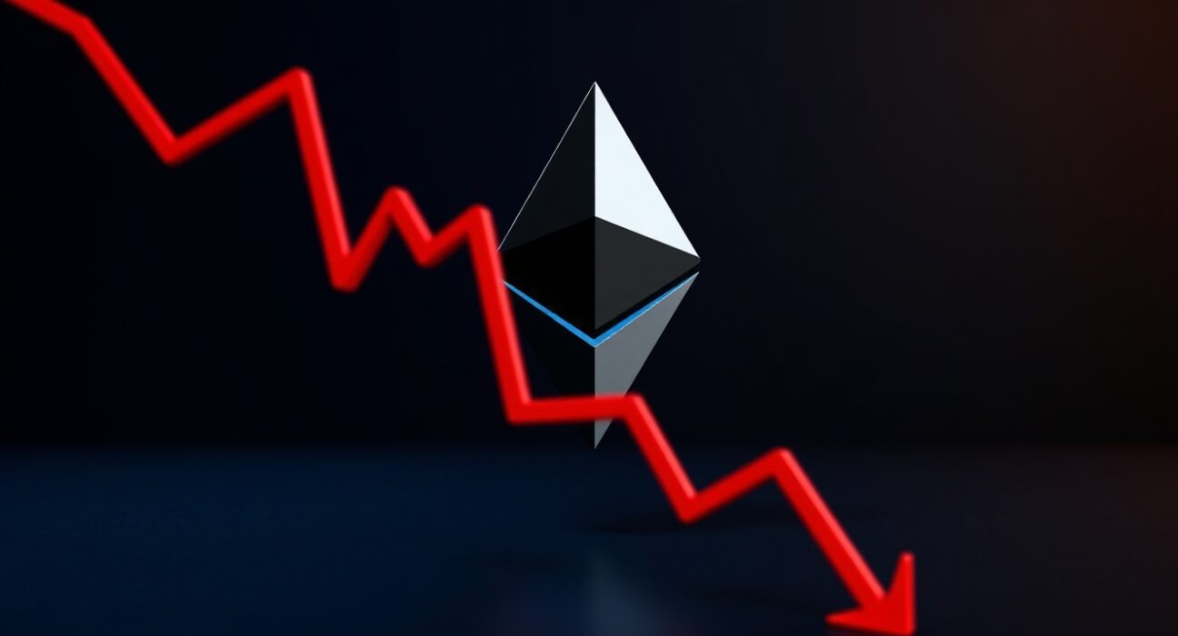 Ethereum symbol with a downward red financial chart line representing quarterly losses