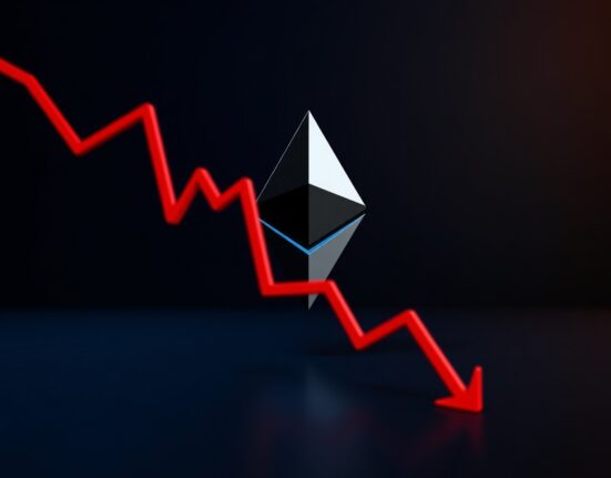 Ethereum symbol with a downward red financial chart line representing quarterly losses