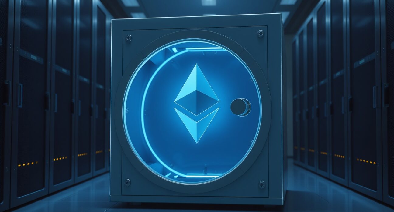 The Ethereum Foundation's major ETH stake represented as a secure digital vault in a data center.