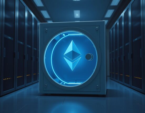 The Ethereum Foundation's major ETH stake represented as a secure digital vault in a data center.