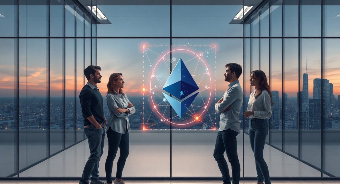 Team of researchers gathered around a holographic Ethereum blockchain projection in a modern lab.