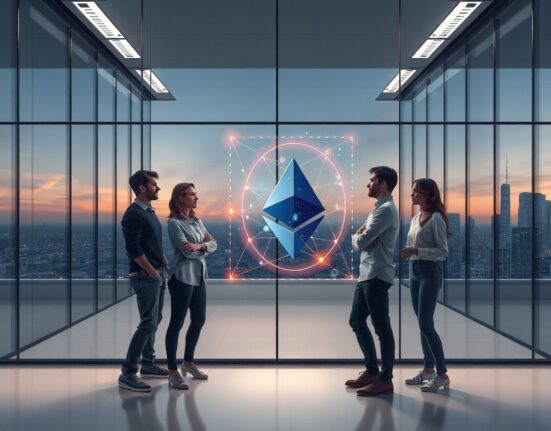 Team of researchers gathered around a holographic Ethereum blockchain projection in a modern lab.