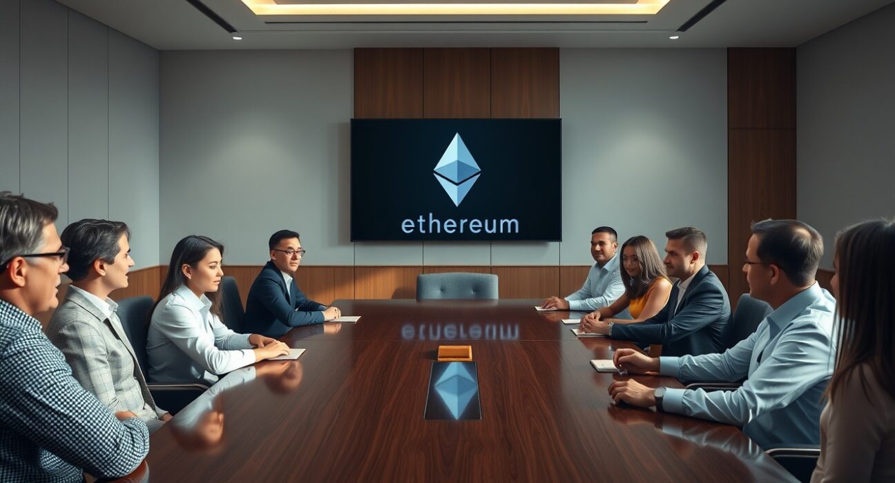 Boardroom meeting with Ethereum logo on screen, representing Ethereum Foundation's new appointment