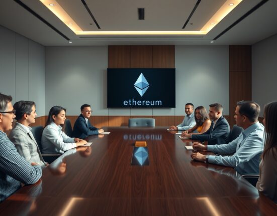 Boardroom meeting with Ethereum logo on screen, representing Ethereum Foundation's new appointment