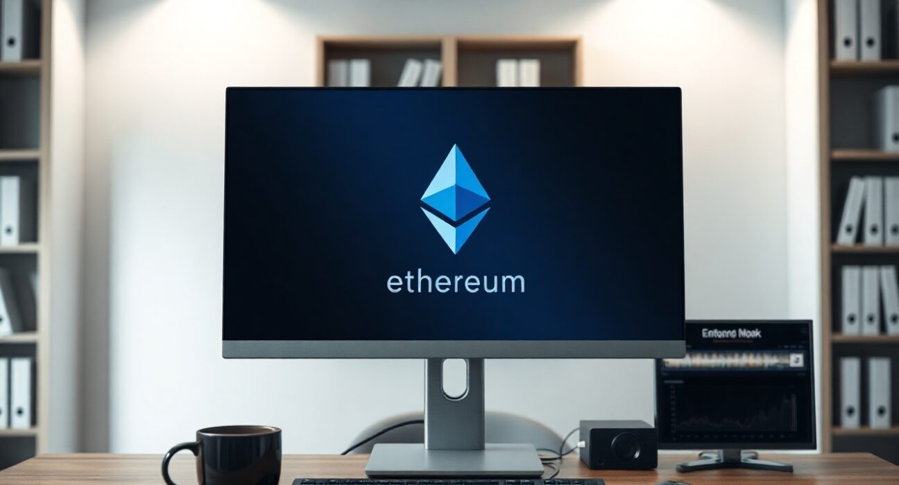 Ethereum logo displayed on a computer monitor in a professional office setting