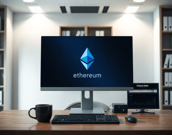 Ethereum logo displayed on a computer monitor in a professional office setting