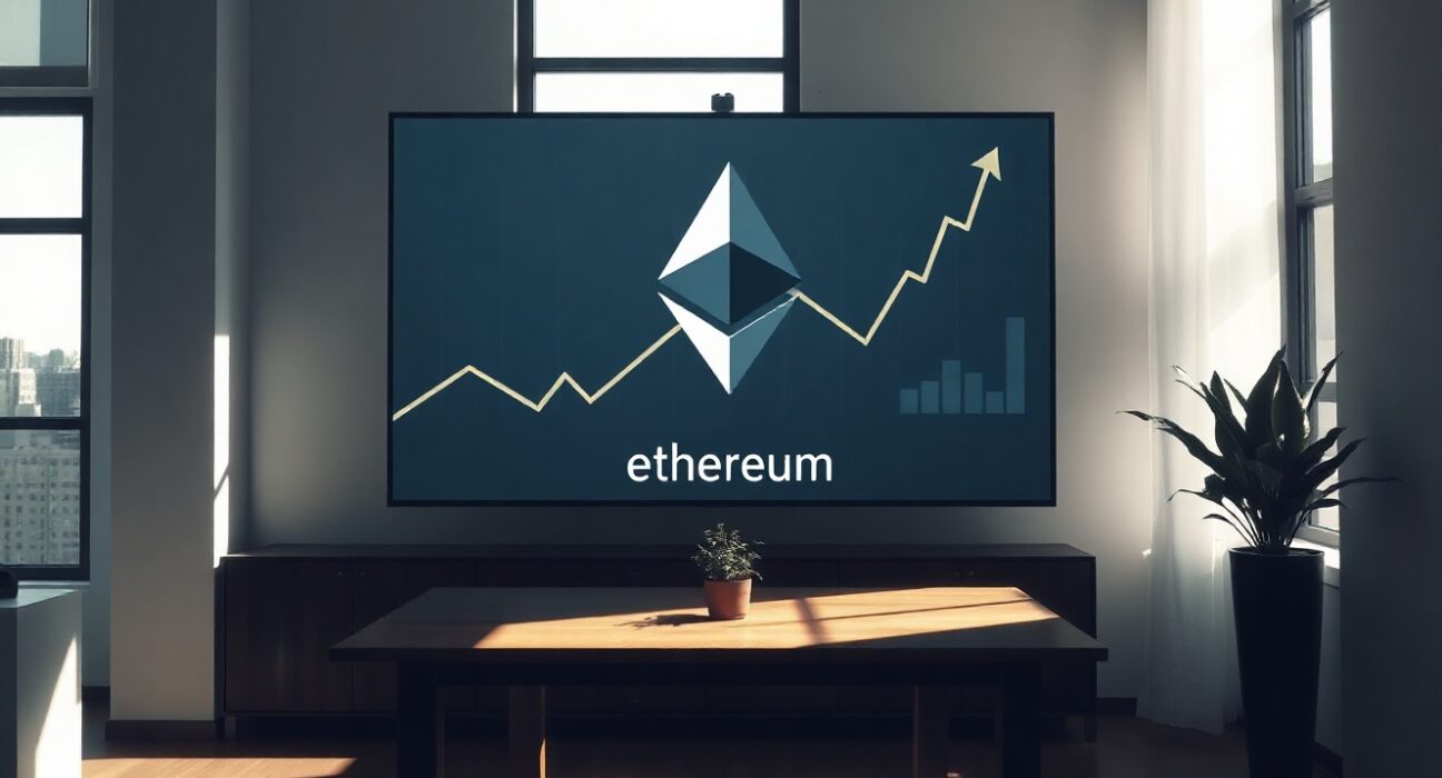 Modern office with digital screen displaying Ethereum logo and growth chart