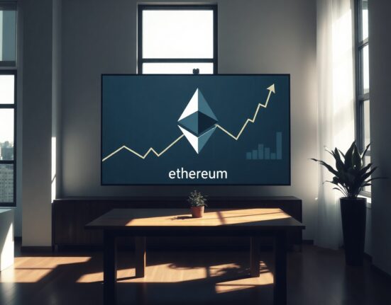 Modern office with digital screen displaying Ethereum logo and growth chart
