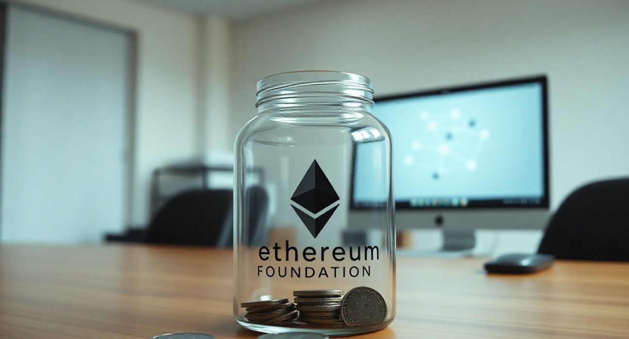 Ethereum Foundation budget cut represented by a glass jar with coins on a desk
