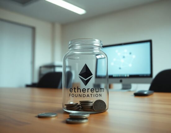 Ethereum Foundation budget cut represented by a glass jar with coins on a desk