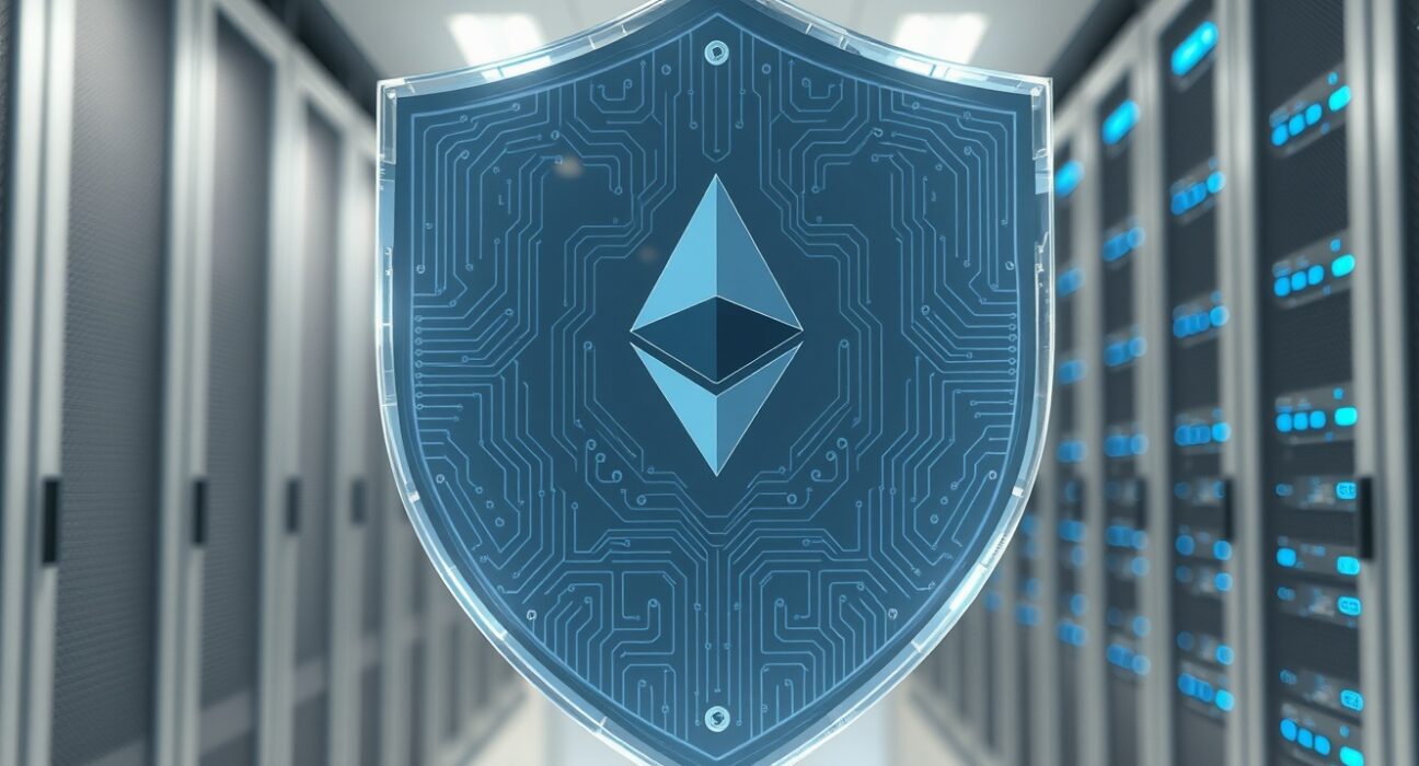 Digital shield representing Ethereum Foundation's CROPS principles for blockchain sovereignty and censorship resistance.