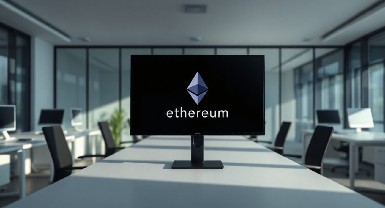 Dimly lit modern office with Ethereum logo on a computer monitor, representing the Ethereum Foundation restructuring