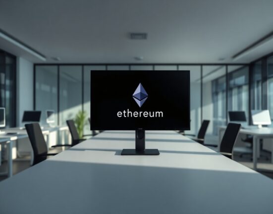 Dimly lit modern office with Ethereum logo on a computer monitor, representing the Ethereum Foundation restructuring