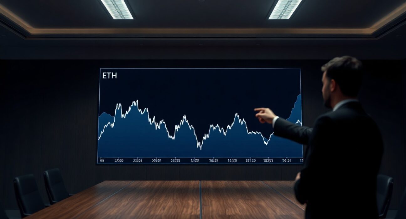 Financial analyst pointing at a downward-trending Ethereum price chart on a digital screen in a modern boardroom.