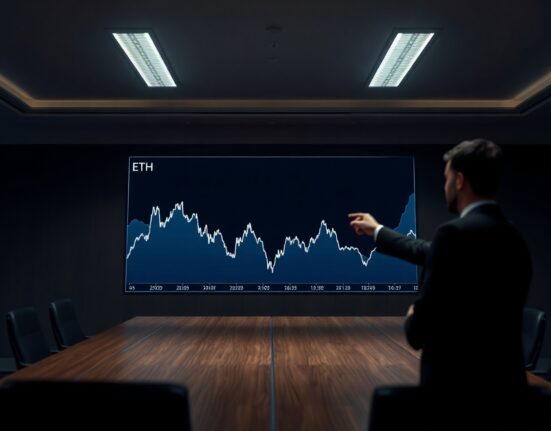 Financial analyst pointing at a downward-trending Ethereum price chart on a digital screen in a modern boardroom.
