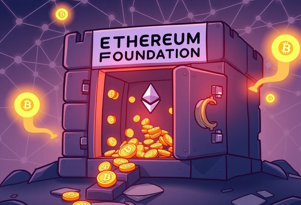 A cartoon illustration showing Ethereum (ETH) coins moving between digital vaults, symbolizing Ethereum Foundation transfers and their impact on the blockchain ecosystem.