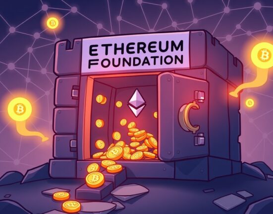 A cartoon illustration showing Ethereum (ETH) coins moving between digital vaults, symbolizing Ethereum Foundation transfers and their impact on the blockchain ecosystem.
