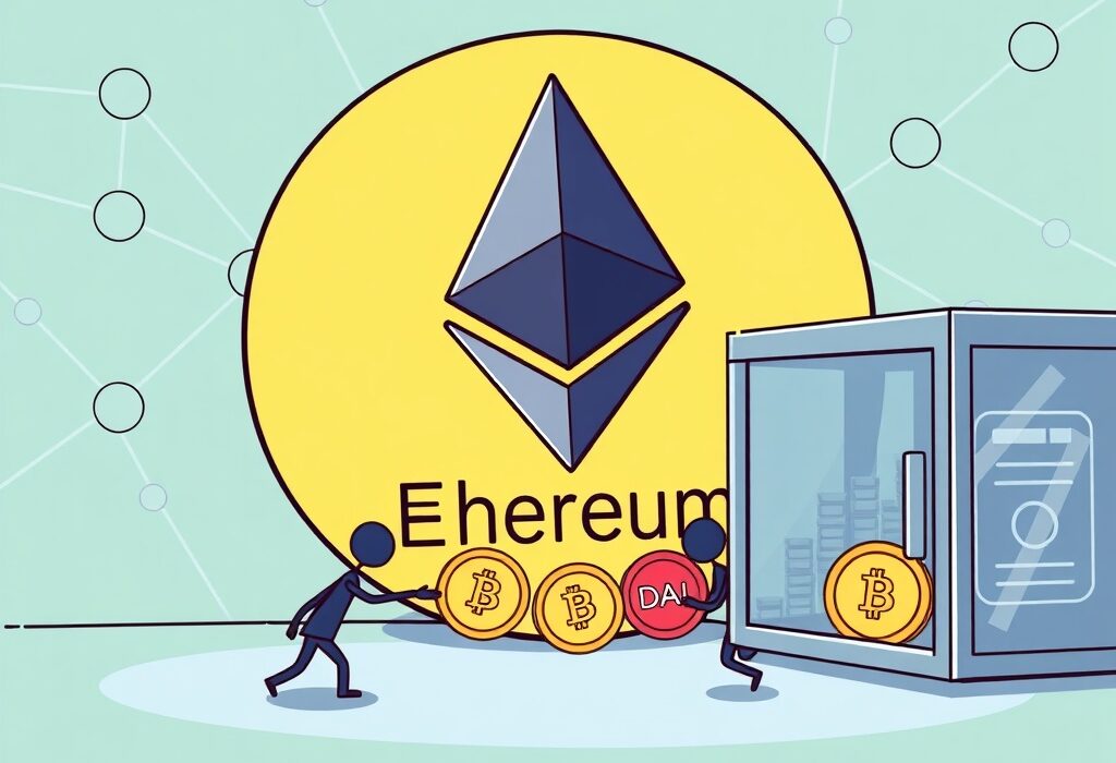 Cartoon illustration showing the Ethereum Foundation executing significant ETH sales for DAI, impacting the crypto market.