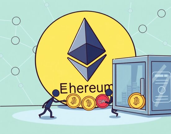 Cartoon illustration showing the Ethereum Foundation executing significant ETH sales for DAI, impacting the crypto market.