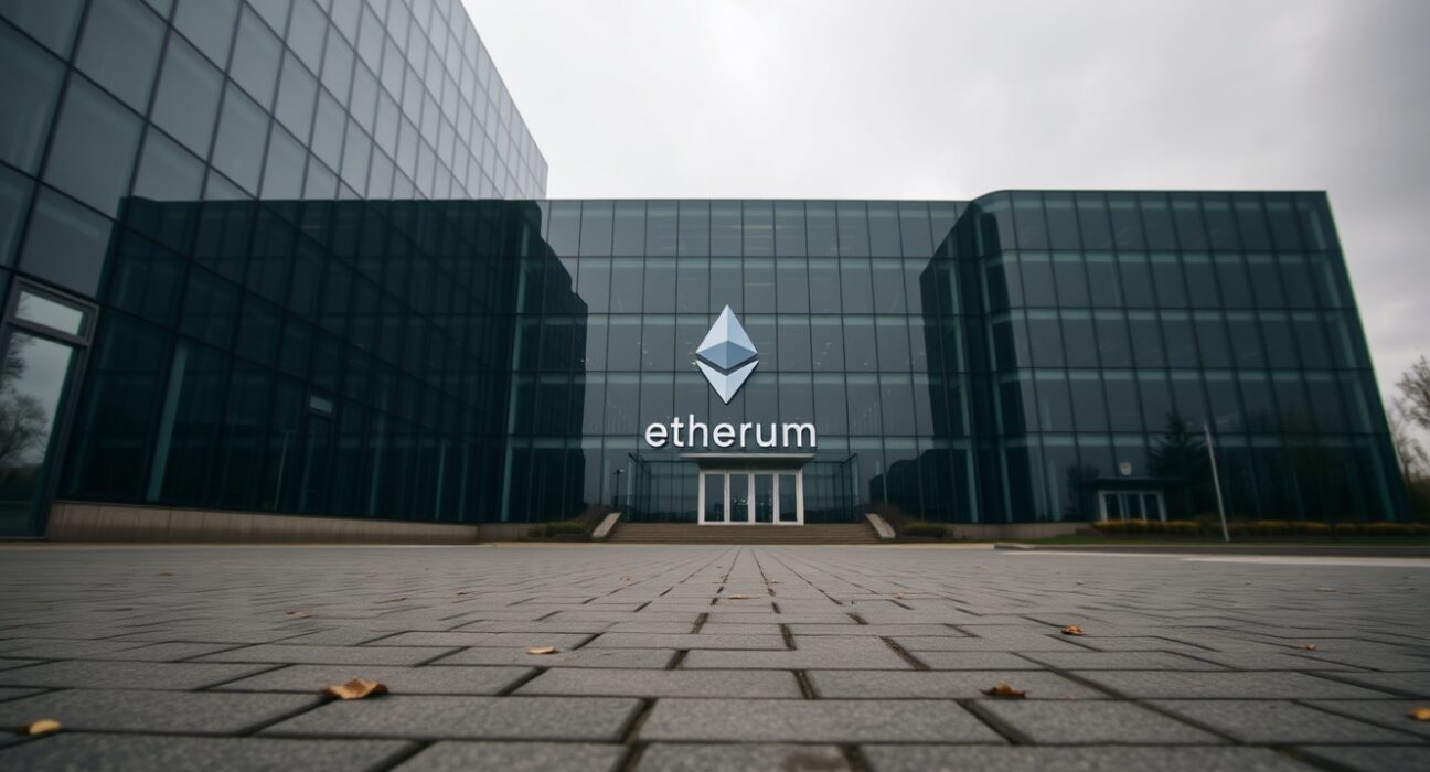 Modern glass office building with Ethereum logo reflection, overcast sky, somber mood