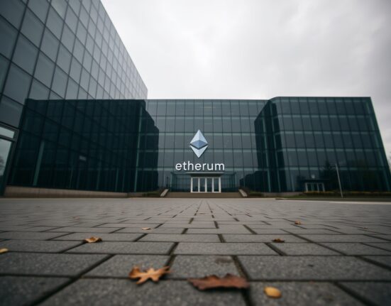 Modern glass office building with Ethereum logo reflection, overcast sky, somber mood