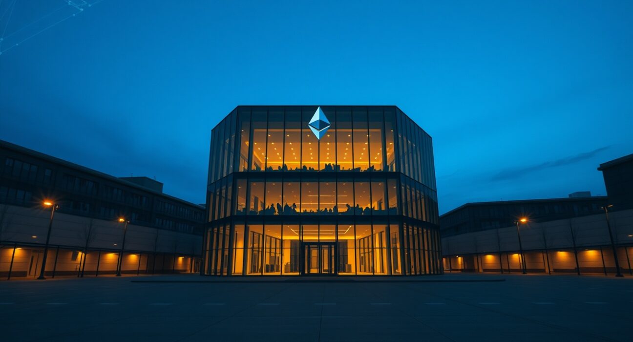 Ethereum Foundation headquarters building at twilight with blockchain network pattern in sky