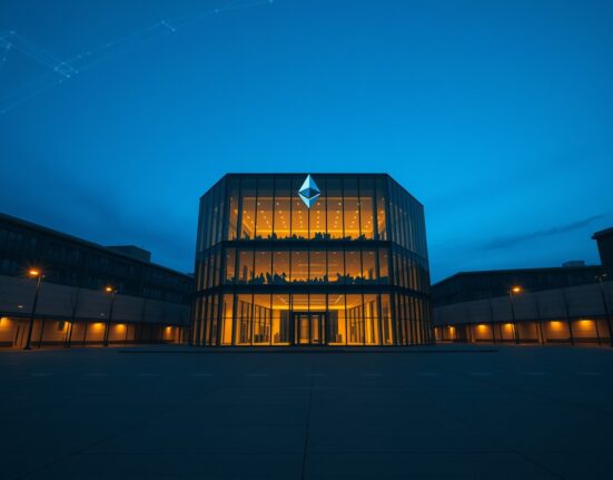 Ethereum Foundation headquarters building at twilight with blockchain network pattern in sky