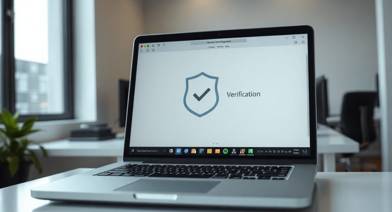 Laptop displaying a verification badge for front-end code security, representing WEBCAT development