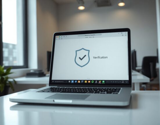 Laptop displaying a verification badge for front-end code security, representing WEBCAT development
