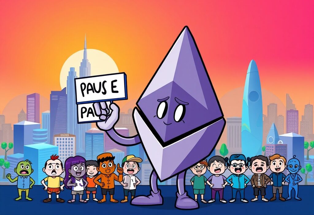 Cartoon showing a strategic pause in Ethereum Foundation grants, signaling a thoughtful approach to future ecosystem development.