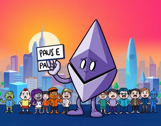 Cartoon showing a strategic pause in Ethereum Foundation grants, signaling a thoughtful approach to future ecosystem development.