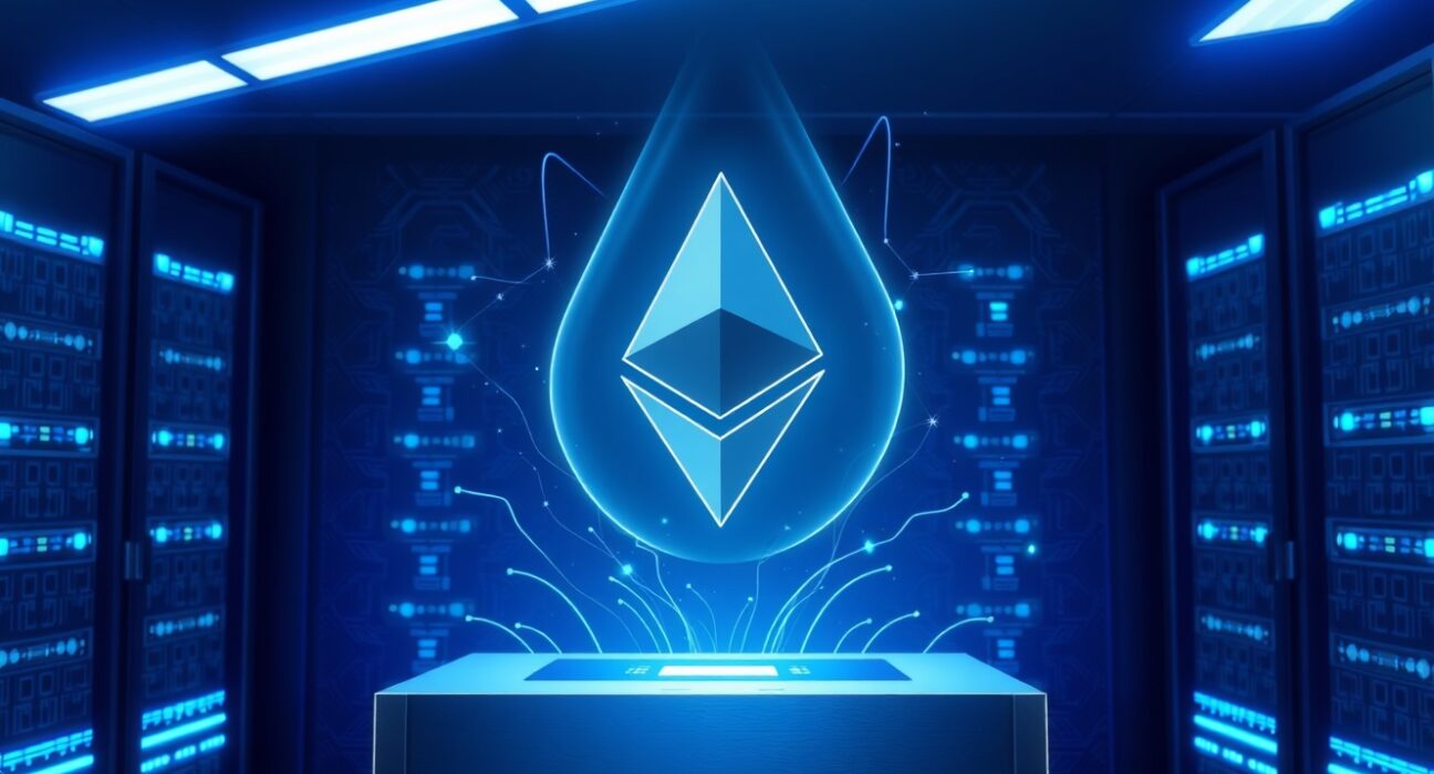 Ethereum Foundation grants $9.9M for Q1 infrastructure R&D, featuring a holographic Ethereum logo in a modern server room.