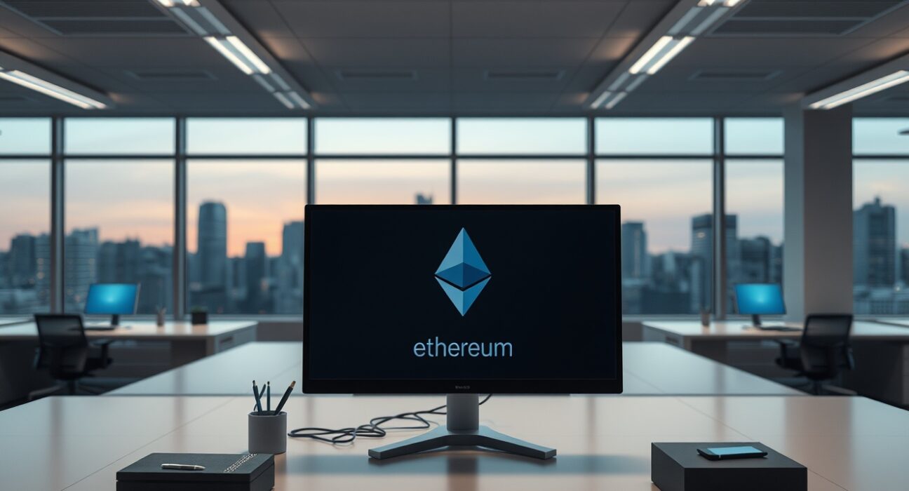 Empty desk in a modern tech office with an Ethereum logo on a monitor, symbolizing recent departures from the Ethereum Foundation.