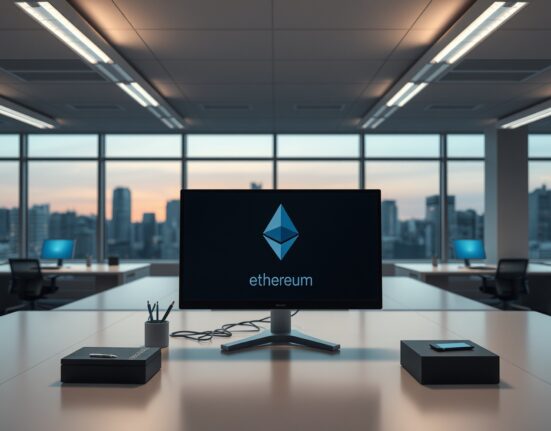 Empty desk in a modern tech office with an Ethereum logo on a monitor, symbolizing recent departures from the Ethereum Foundation.