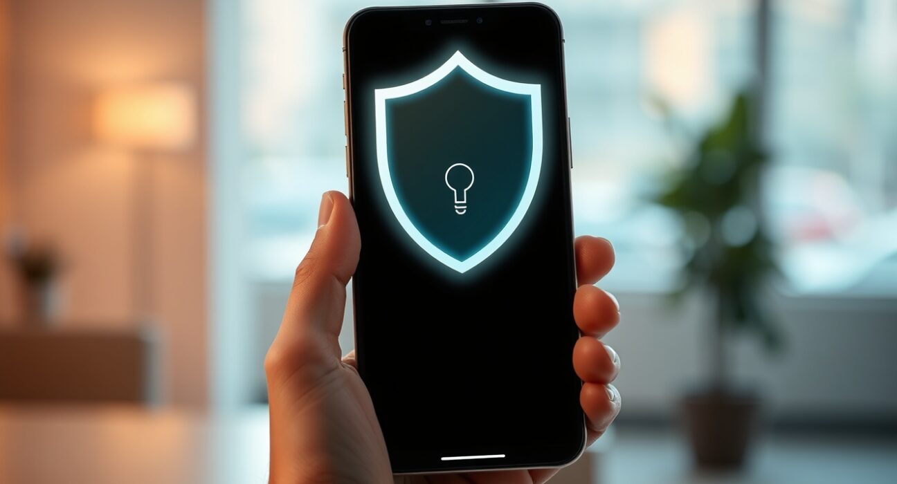 Smartphone displaying a digital wallet with a privacy shield icon above it in a professional office setting