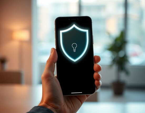 Smartphone displaying a digital wallet with a privacy shield icon above it in a professional office setting