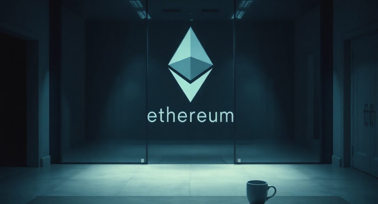 Empty executive desk in a dimly lit office with Ethereum logo on glass wall, representing leadership departures