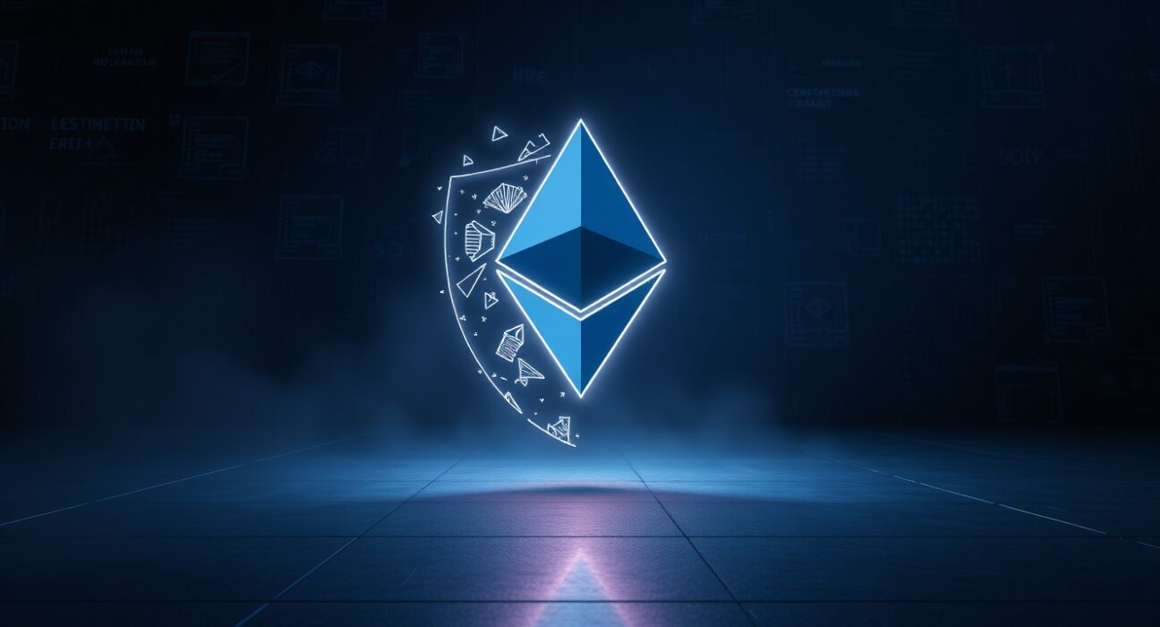 Digital abstract battlefield with glowing Ethereum symbol representing MEV conflict