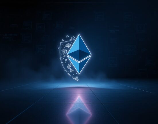 Digital abstract battlefield with glowing Ethereum symbol representing MEV conflict
