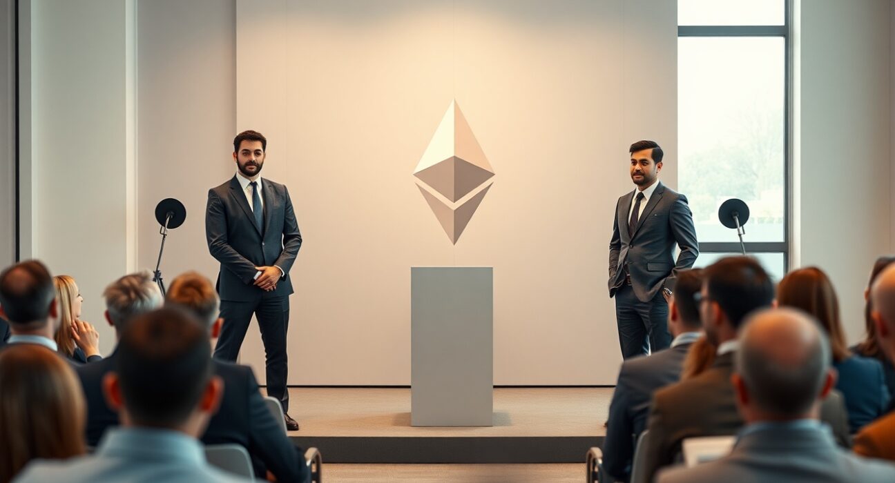 Three new Ethereum Foundation Protocol Cluster leads standing in a conference room, addressing an audience.