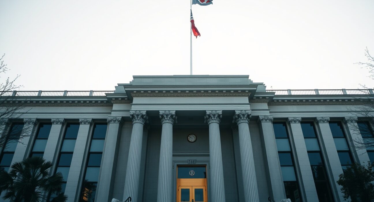 Government building with digital network overlay representing blockchain as public infrastructure