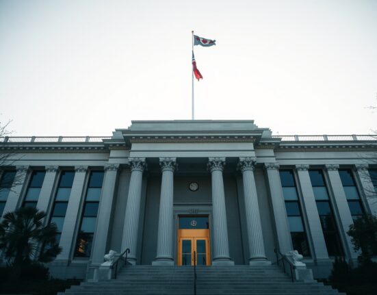 Government building with digital network overlay representing blockchain as public infrastructure